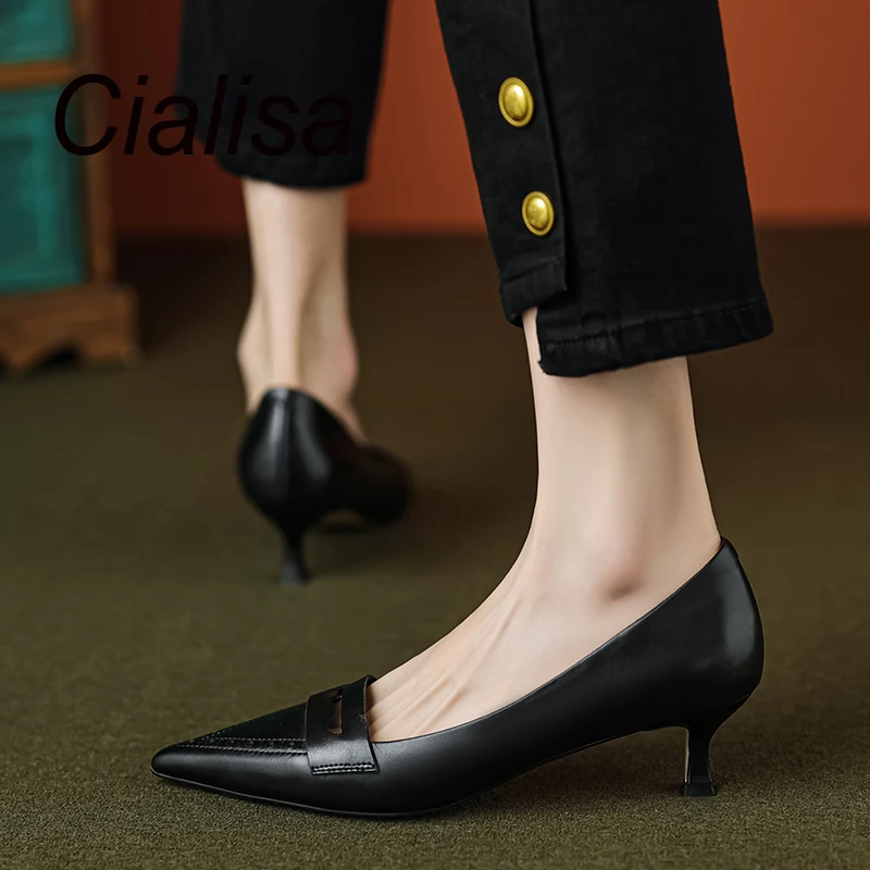 Cialisa Pointed Toe Pumps Vintage 2023 Spring New Women Shoes Genuine Leather Slip-On Mid Heels Office Ladies Footwear Black 40