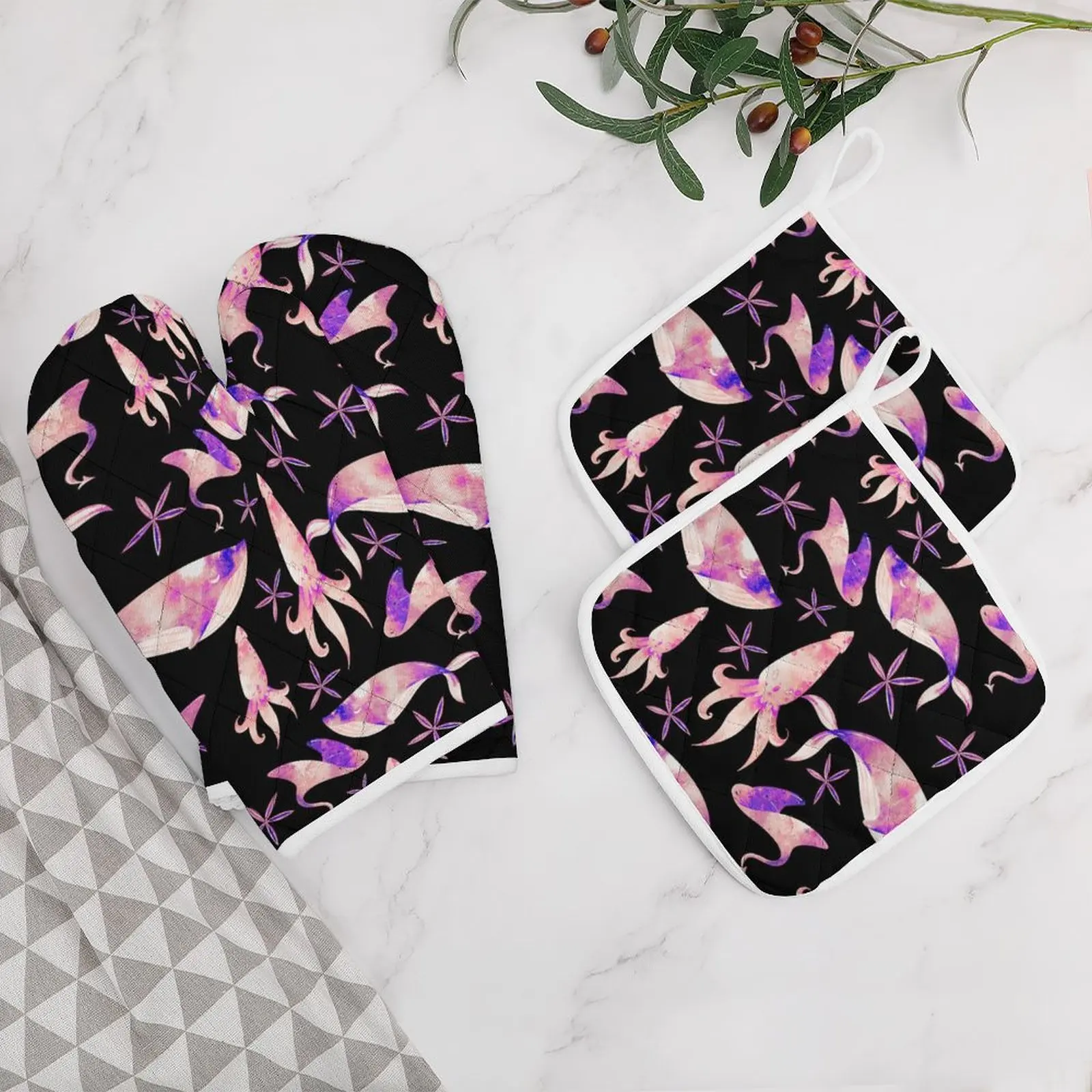 

Oven Mitts and Pot Holders Set Kitchen Mittens with Potholders Surface for Baking Cooking BBQ Ocean Pattern