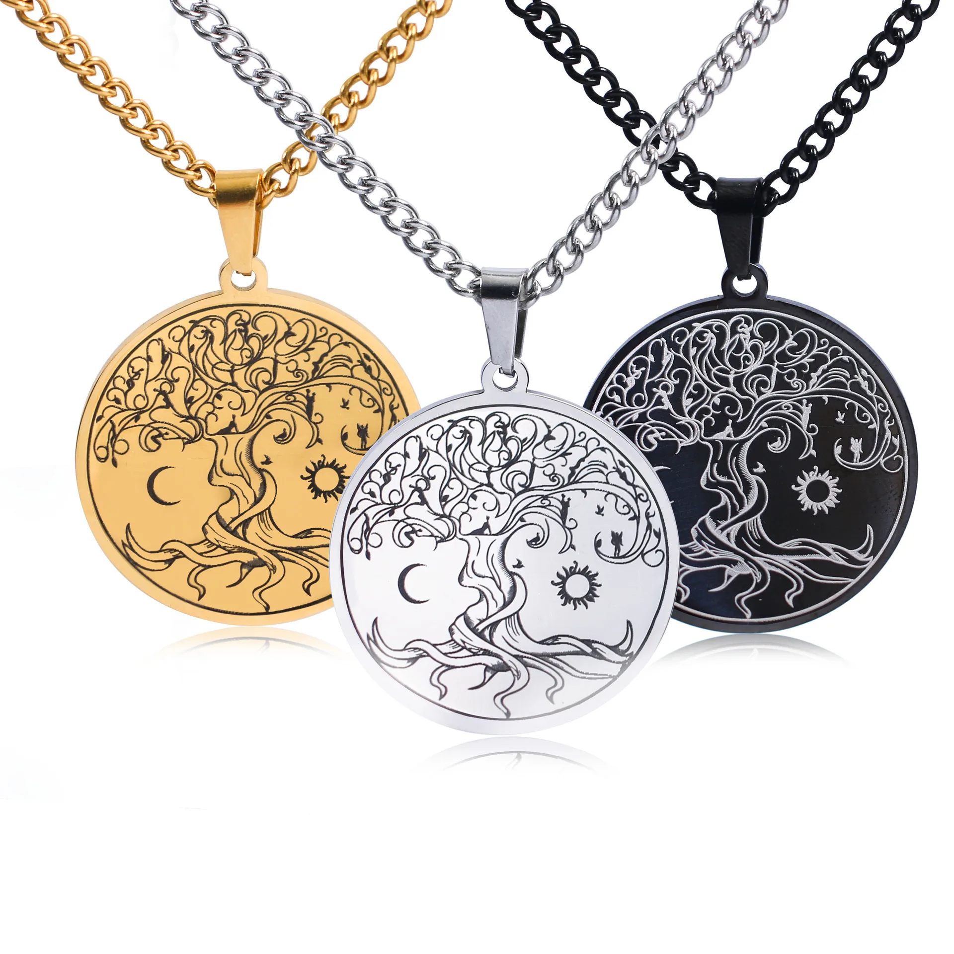 

Stainless Steel Nordic Mythology Sun Moon Tree of Life World Tree Pendant Necklace for Men's Trend Street Punk Jewelry Wholesale