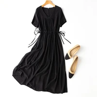 black natural silk 2022 new spring summer dresses for women bohemian a line mid calf v neck short sleeve vintage dress