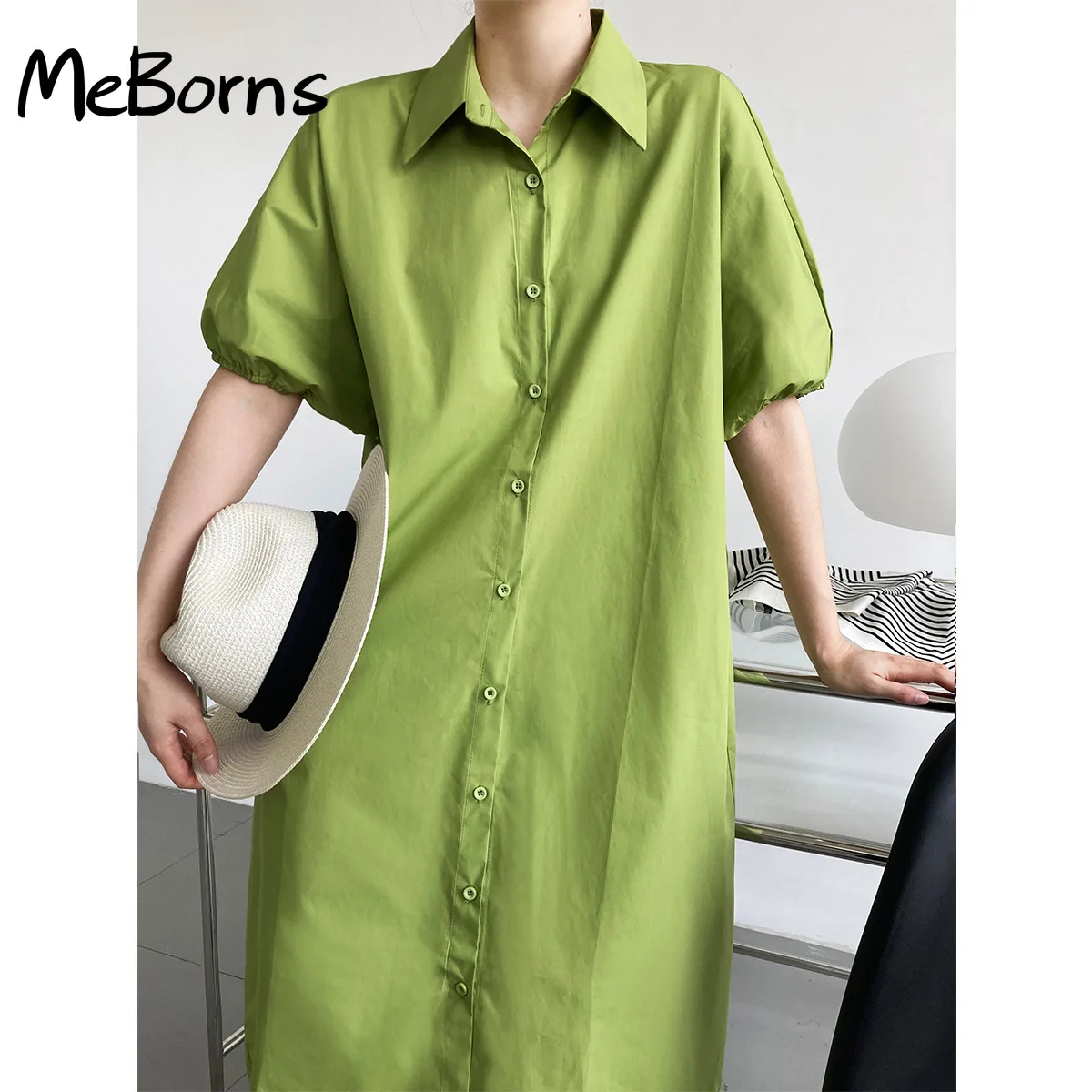 

2022 new summer Korean style temperament single-breasted short-sleeved shirt skirt women's lantern sleeve dress