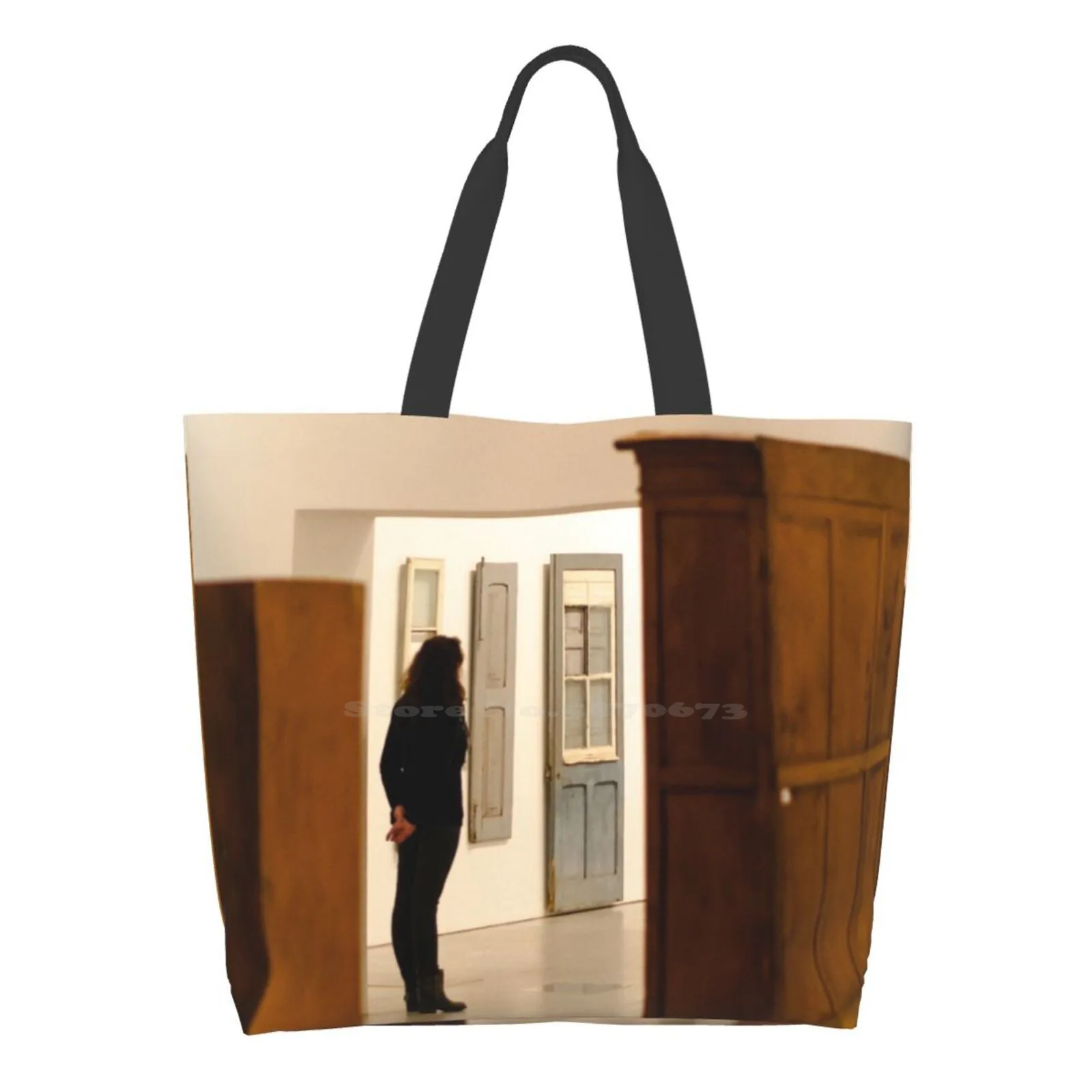 

Reusable Shopping Bag Tote Large Size Womens Doors Wood Exposure Artist Concept Wall Brown Strange Reflection Top Door Yellow