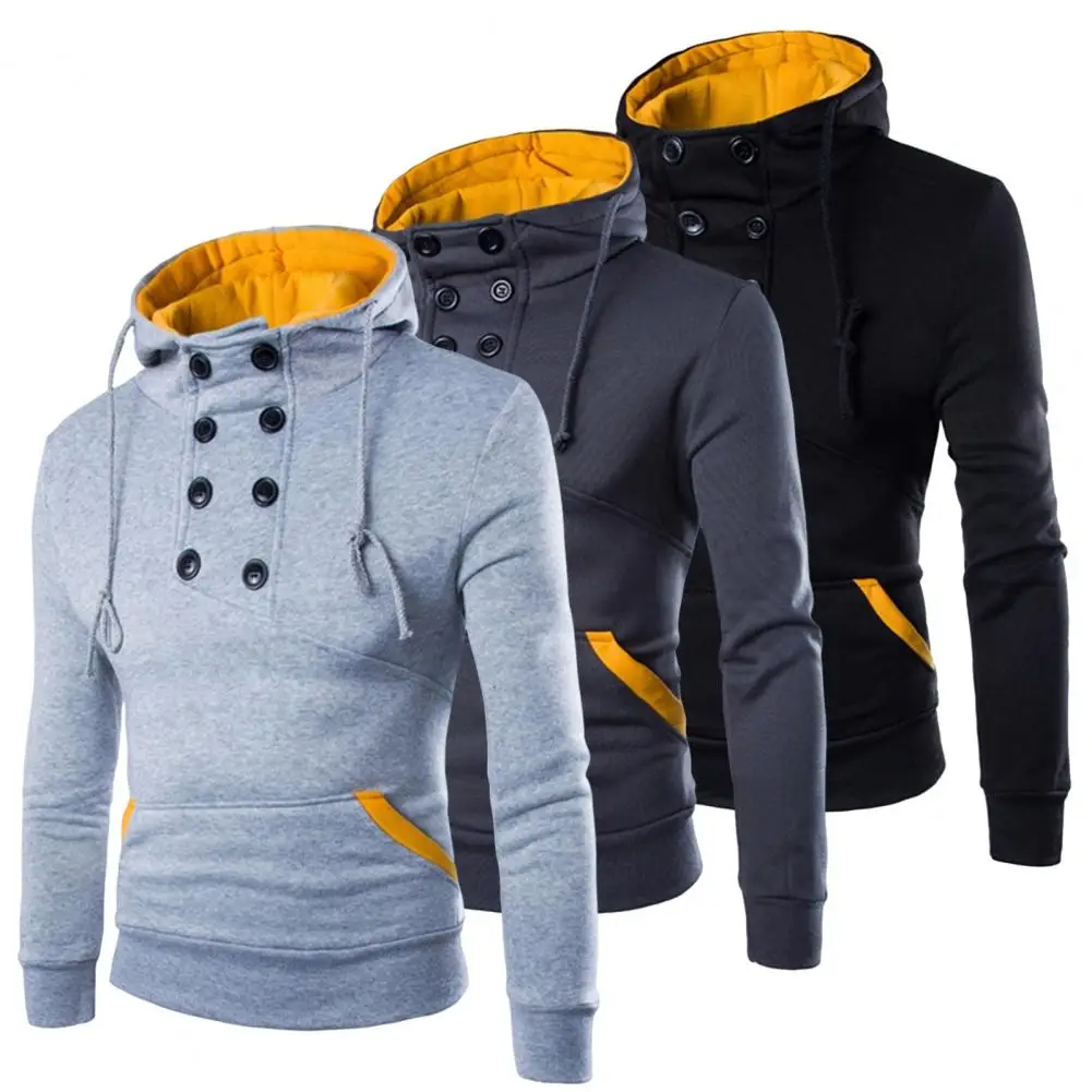 

Men Autumn Hoodie Hooded Button Decor Hoodie Solid Color Neck Protection Drawstring Hoodie Thermal Long Sleeves Pocket Hoodie