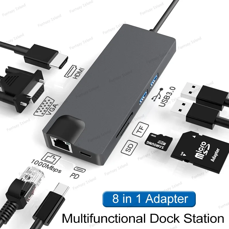 

Док-станция 8 в 1 типа C, док-станция восемь в одном, usb-хаб с HDMI / VGA