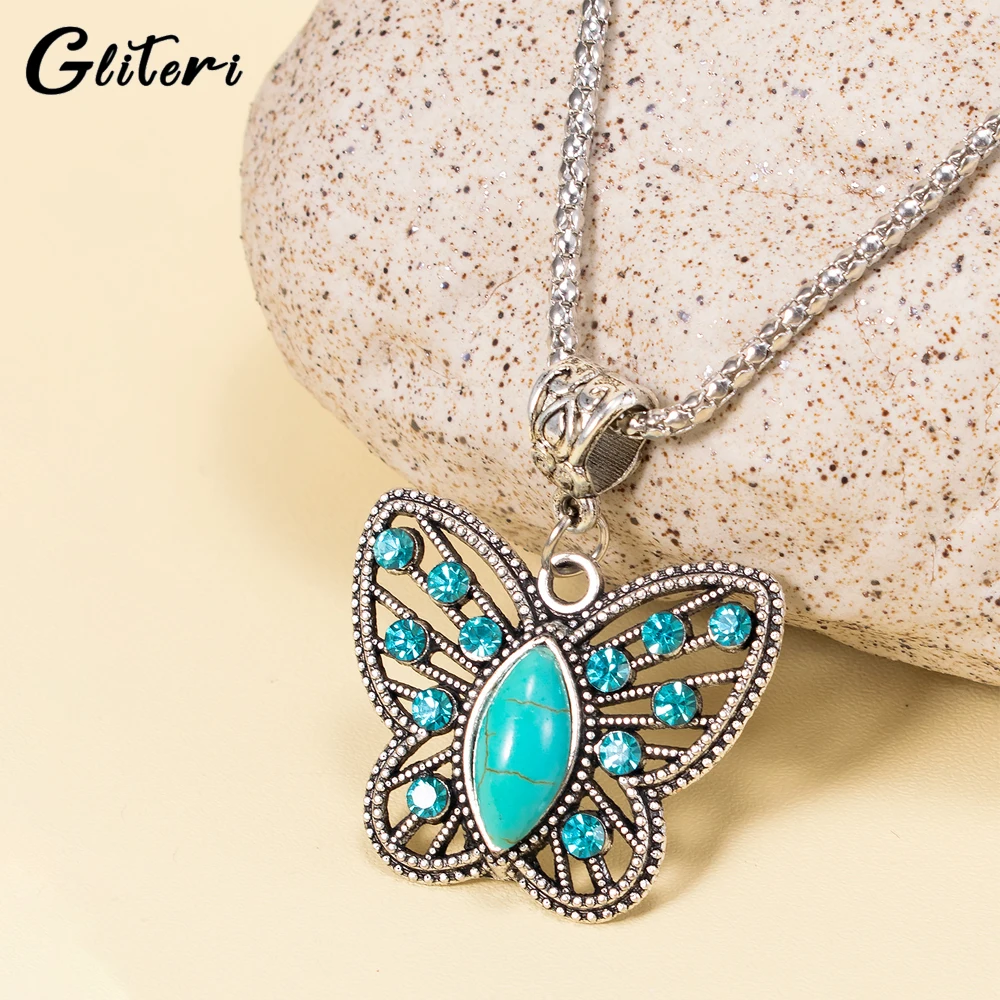 

GEITERI Silver Color Vintage Butterful Pendant Necklaces For Women Blue Stone Crystal Chain Choker Bohemia Jewelry Birthday Gift