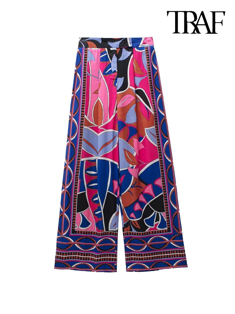 

TRAF Women Fashion Front Darts Printed Wide Leg Pants Vintage High Waist Zipper Fly Female Trousers Mujer