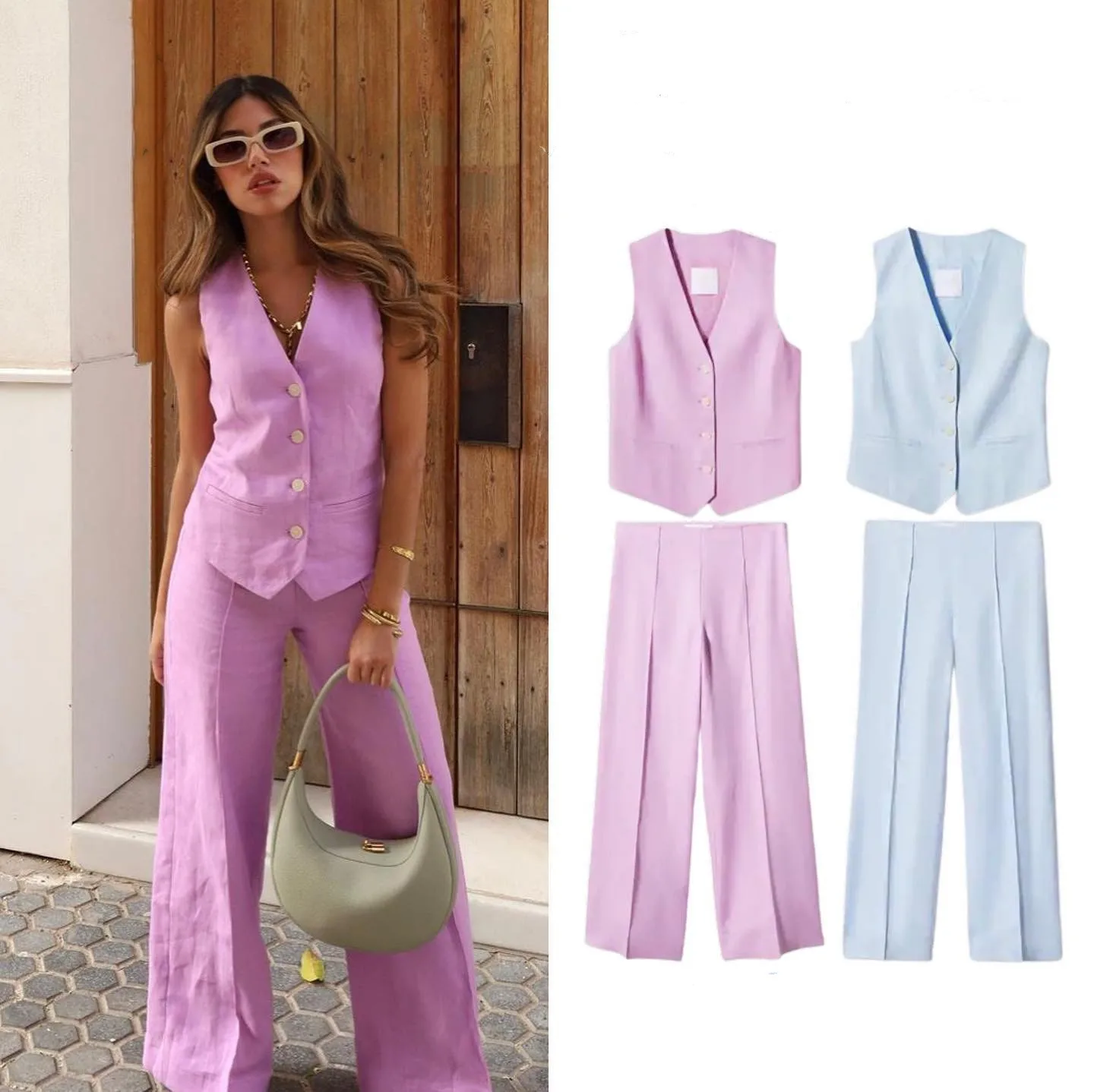 

2023 Summer Summer Pink Pants Set Women's V-neck Sleeveless Linen Vest Top and High Waist Pants Fashion Commuter Two Piece Set