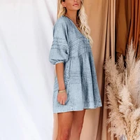 2021 long sleeve denim top for women spring fashion v neck 34 lantern sleeve solid color sexy loose v neck top for women 2021