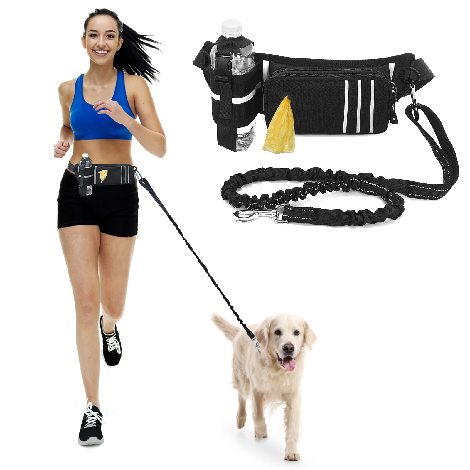 

Hands Free Dog Leash Waist Bag Reflective Waist Pouch with Retractable Bungees Poop Bag Dispenser Pouch Adjustable Waist Belt