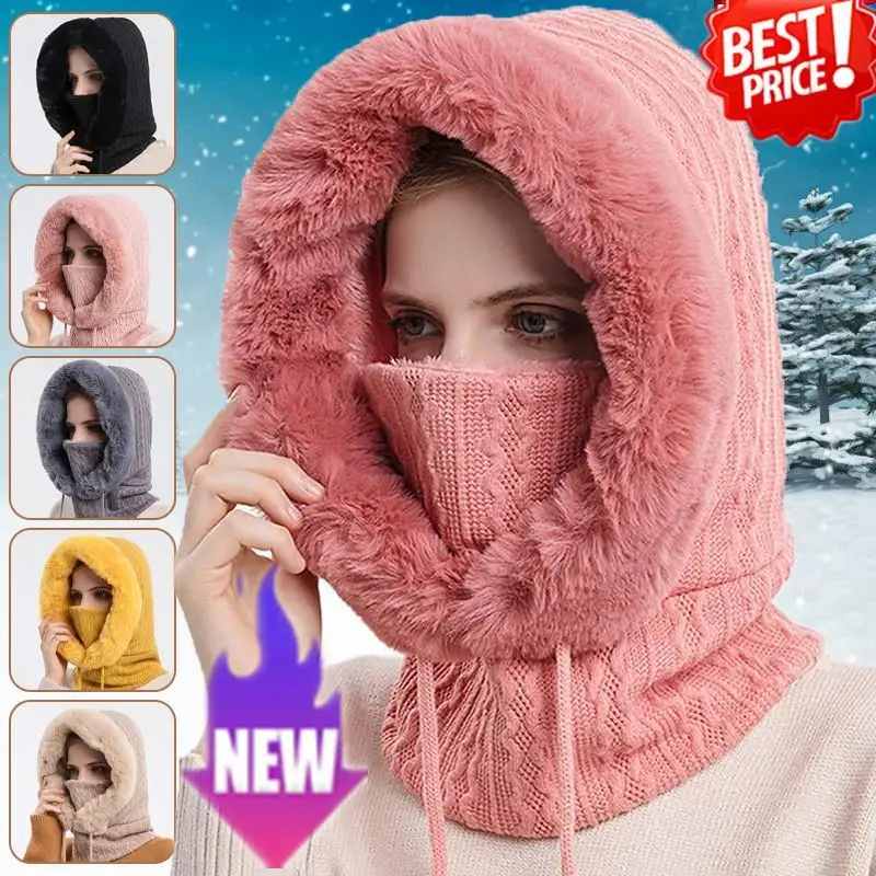 

Женская флисовая шапка с напуском, кашемировая меховая шапка, шапки, шарф, вязаная зимняя шапка с капюшоном, маска, теплая Балаклава на шнурке, пуловер U9B8