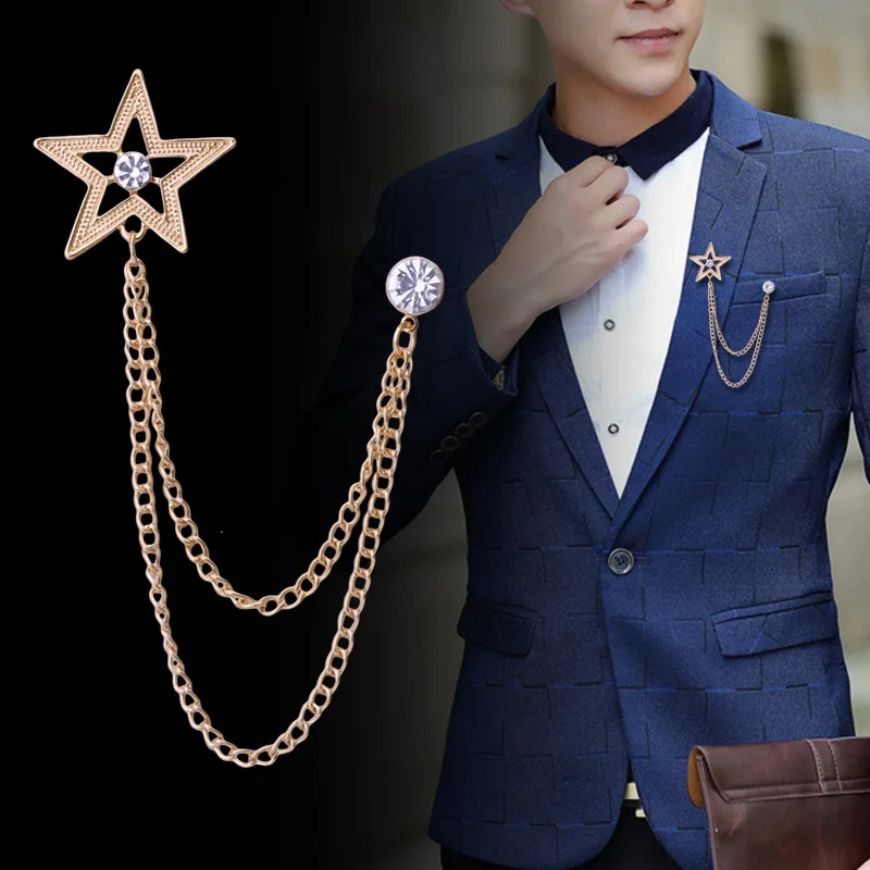 

Korean Fashion Rhinestone Star Brooch Tassel Chain Lapel Pin and Brooches Suit Shirt Badge Corsage for Men Accessories Gifts