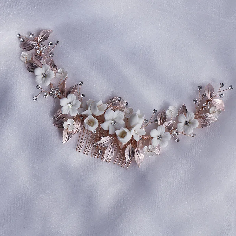 Женский свадебный гребень для волос ручной работы с белым фарфоровым цветком