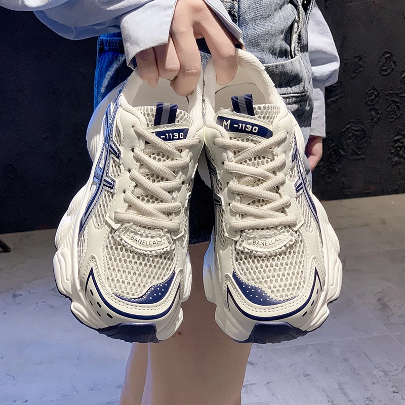 Round Head Mesh Lace-Up Platform Shoes High Quality Casual Vulcanize Shoes Retro Outdoor Breathable Non-Slip Sports Shoes