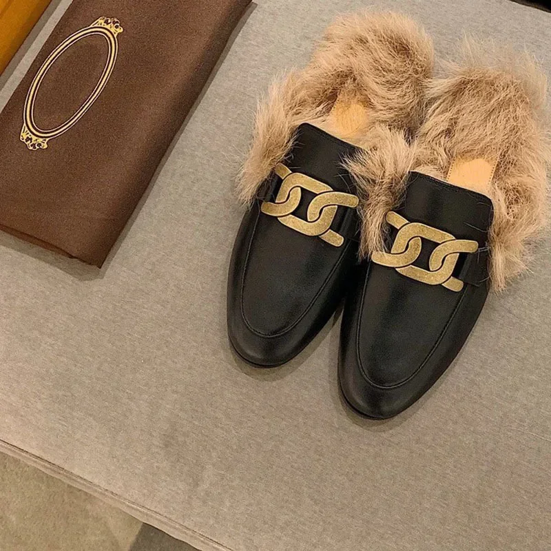 

Меховые тапочки для женщин, верхняя одежда, новинка сезона осень-зима 2023, туфли Muller Baotou Lefu, модная обувь на толстом каблуке, Маленькая кожаная обувь