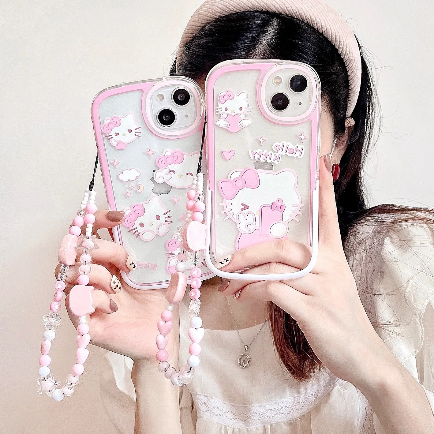 

Lovely Hello kitty Phone Case For Iphone 11 12 13 Pro Max X Xs Xr With holder Kickstand Lanyard Bracelet Transparent Cover