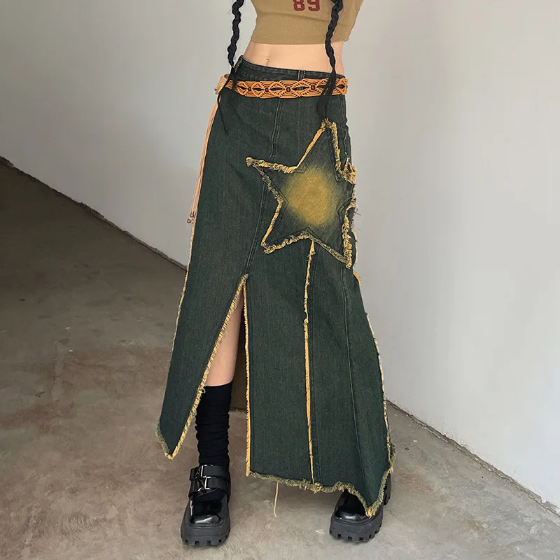 

2023 Women's retro fishtail denim skirt Star paste cloth the old style split hip design casual dress jeans