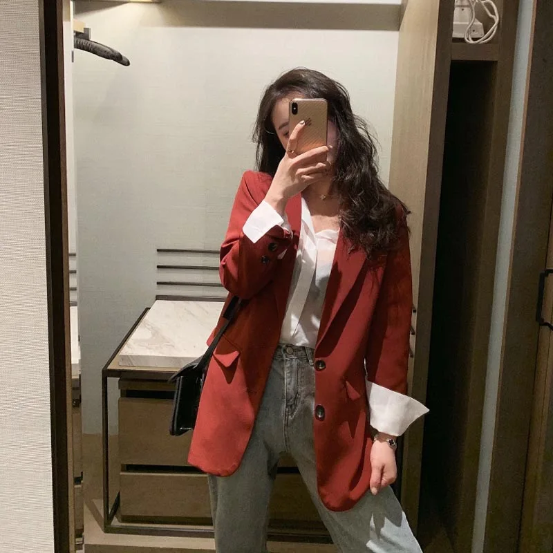 Candy Red Casual Office Blazer 2023 Women Korean Fashion Solid Colors Single Breasted Commute Blazer New Hot Sale Work Clothing