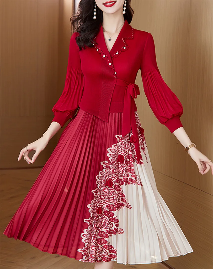 Женское плиссированное платье миди элегантное с V-образным вырезом и надрезом со