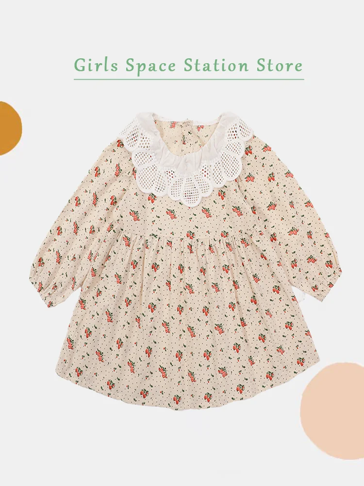 Платье длиной до колена из хлопка и полиэстера для девочек с отложным воротником