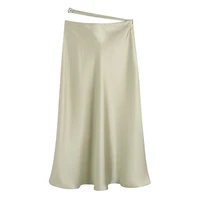 women fashion chain decoration hollow out waist solid a line satin midi skirt side zipper female skirt mujer