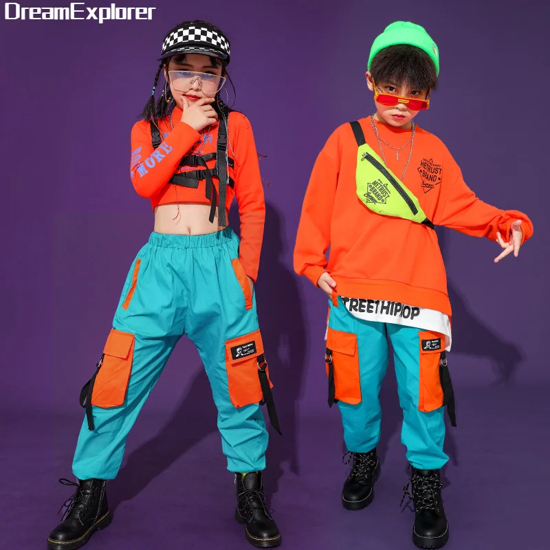 Boys Hip Hop Sweatshirt Girls Crop Top Cargo Pant Clothes Set Kid T-shirt Street Dance Cool Outfit Jazz Child Streetwear Costume
