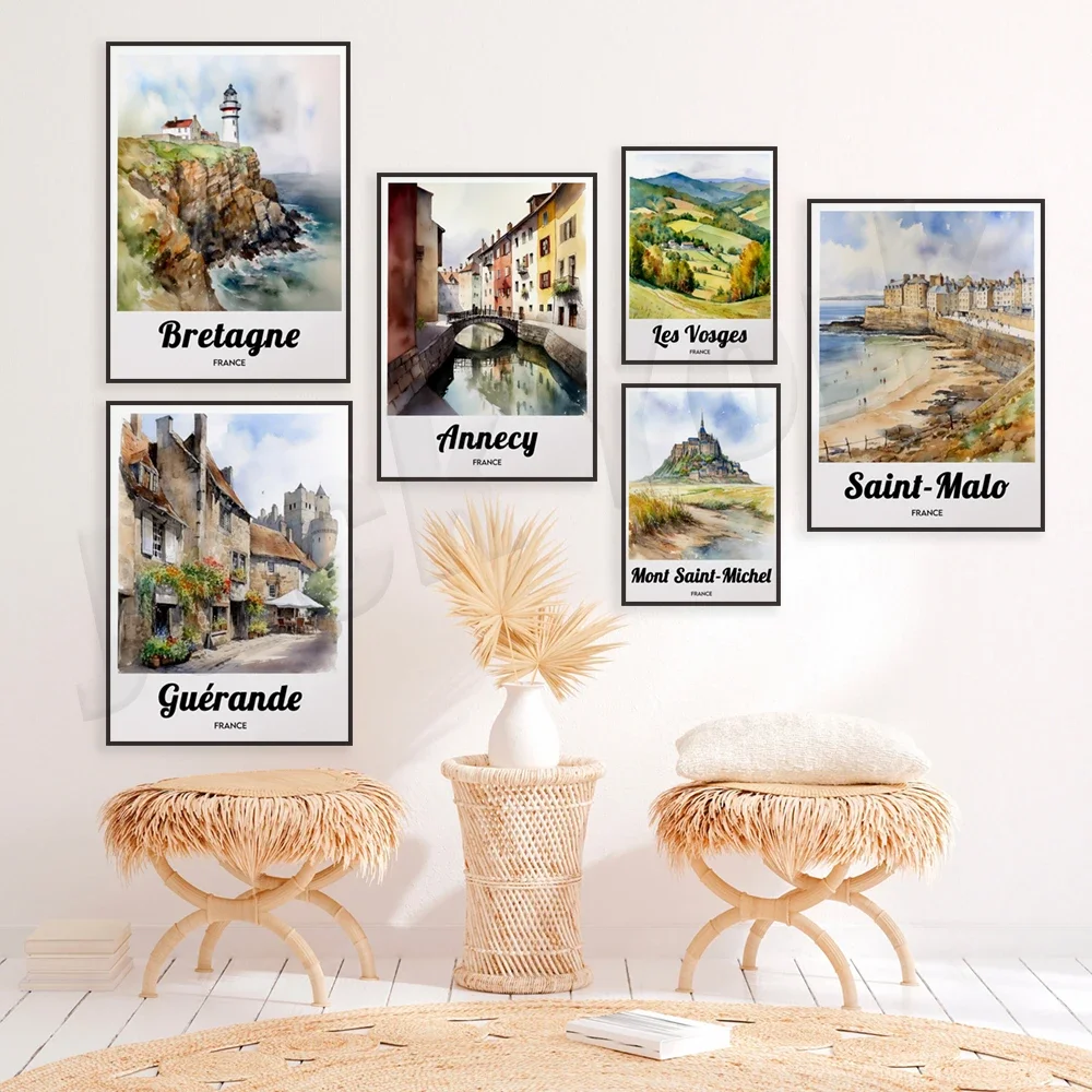 Бриттани Clermont-Ferrand Toulouse Colmar Rennes Angers Vosges Reims Mont Saint-Michel акварельный постер для