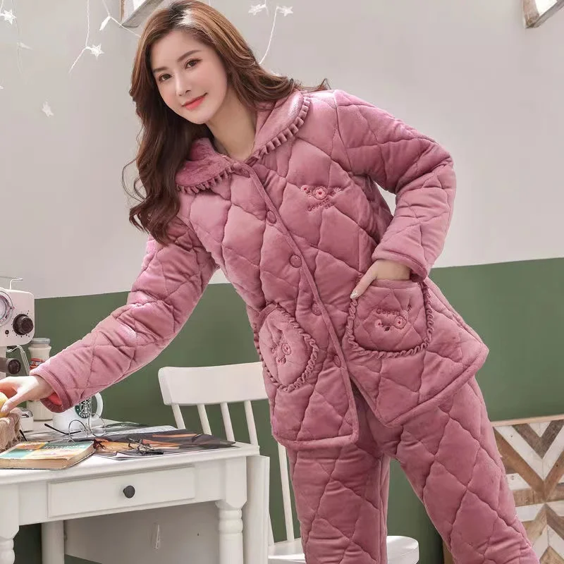 

Pajamas Sets Women Coral Fleece Sleepwear Winter Thick Warm Flannel 2Piece /Set Pyjamas Lounge Homewear Home Clothes
