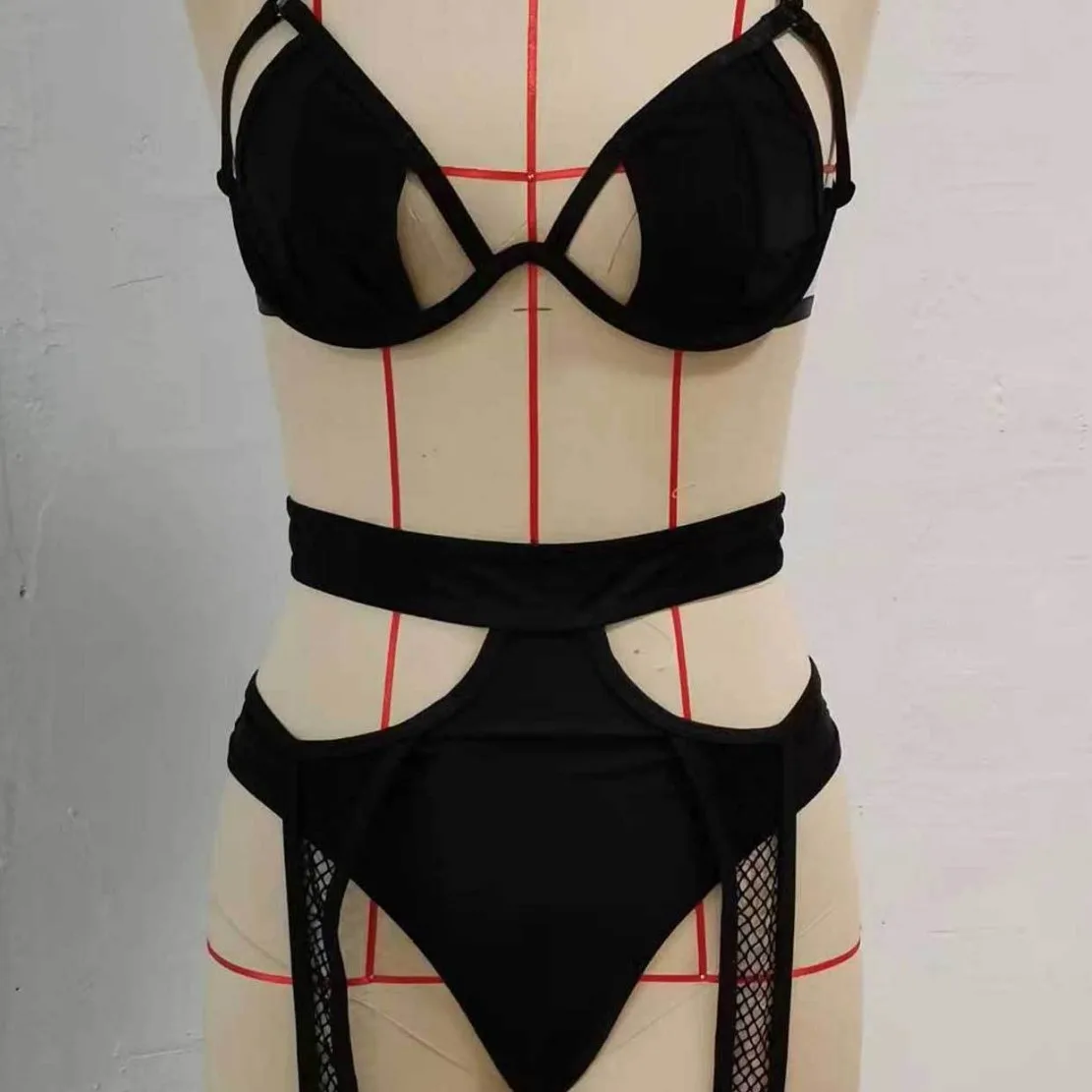Черный ажурный сексуальный костюм бюстгальтер бикини комплект из двух предметов