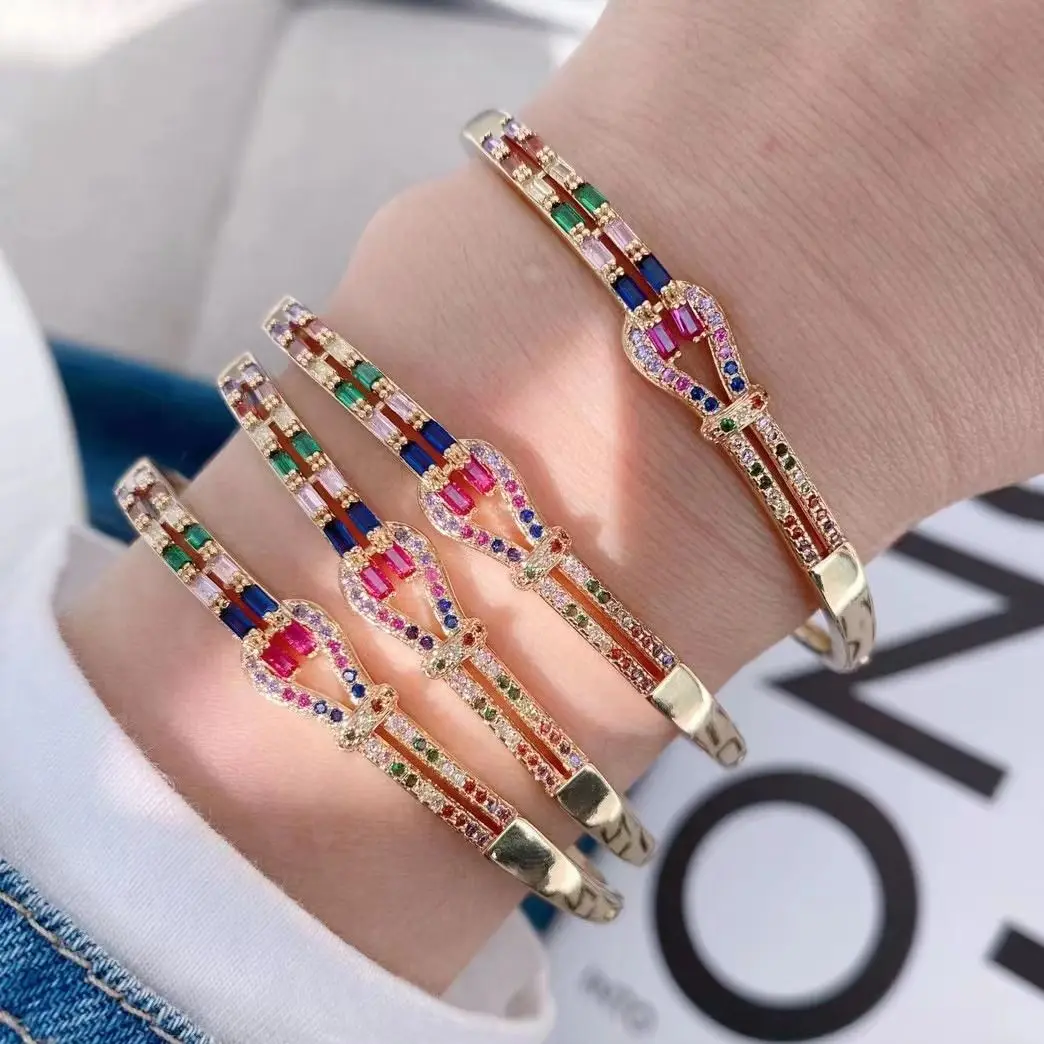 

3Pcs Sparkly Colorful Zircon Open Bangle Bracelet Silver Gold Plated Rainbow Crystal Cuff Bangles For Girls