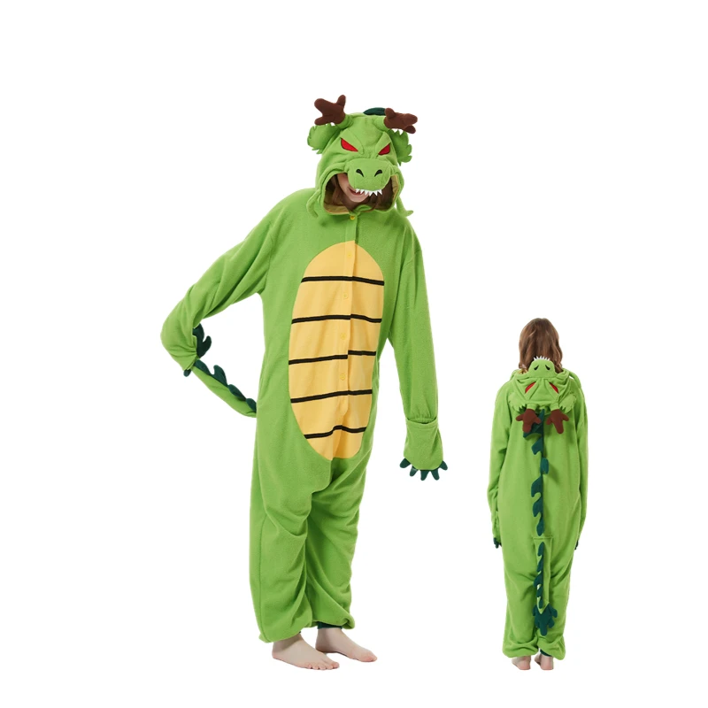 Green Funny Cartoon Sleepwear Flannel Women Pajamas Set Dinosaur Adult Kigurumi Onesie Animal Cosplay Dragon Unisex Men Onepiece