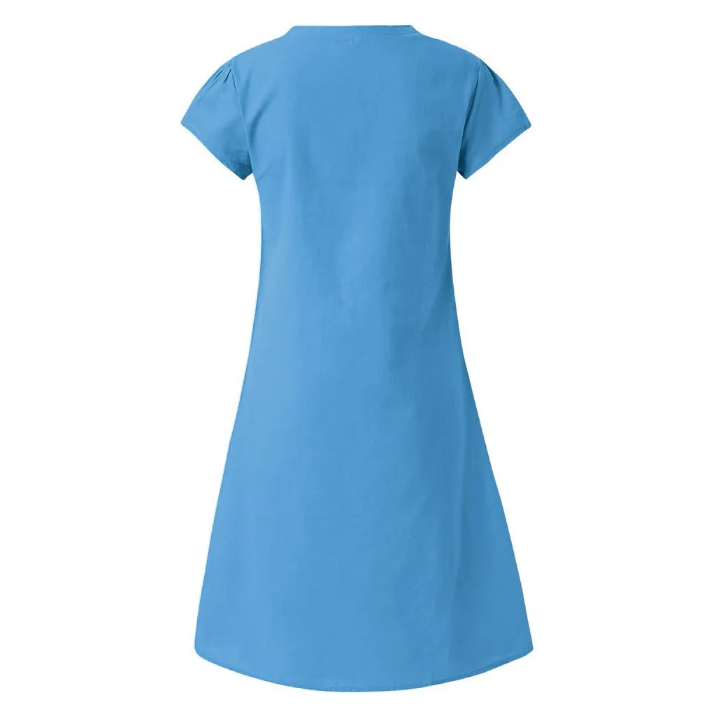 Cotton Linen Blended Dresses For Women 2023 Casual Solid Color Summer Loose T-Shirt Dress Short Sleeve V-Neck Female Sundresses 4