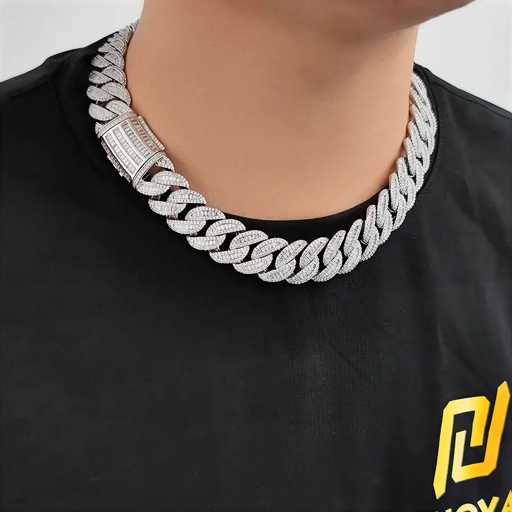Hip Hop 20mm Baguette Cuban Link Chain Miami Men Rapper Jewelry Iced Out Necklace