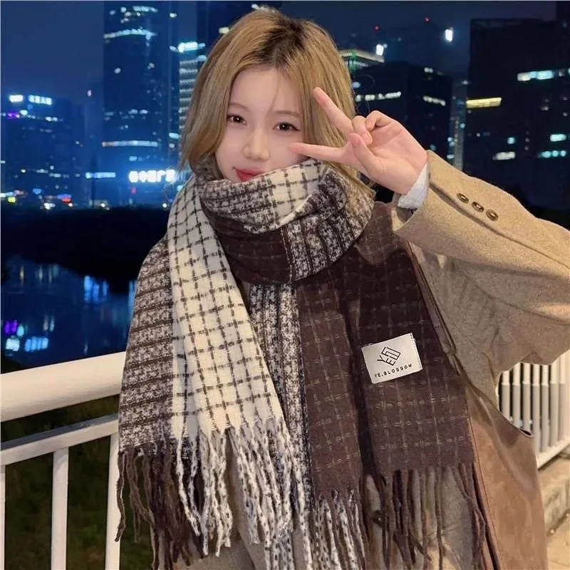Зимний теплый клетчатый шарф толстая шаль женский многофункциональный платок из