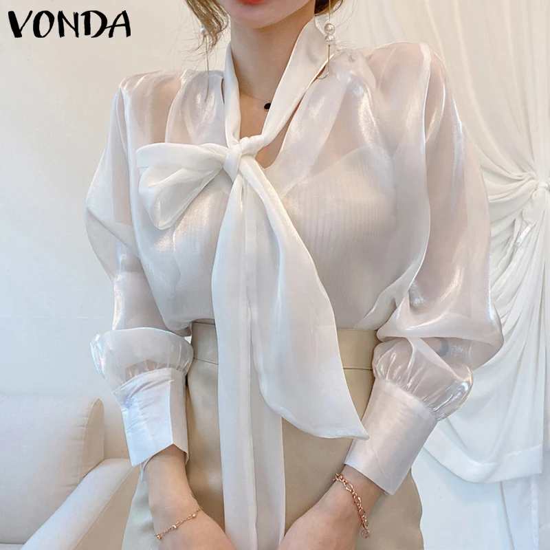 

Women Office Shirts 2022 VONDA Sexy Puff Sleeve Solid Color Casual Tops Bow V Neck Pleated Blouse Blusas Femininas Oversized