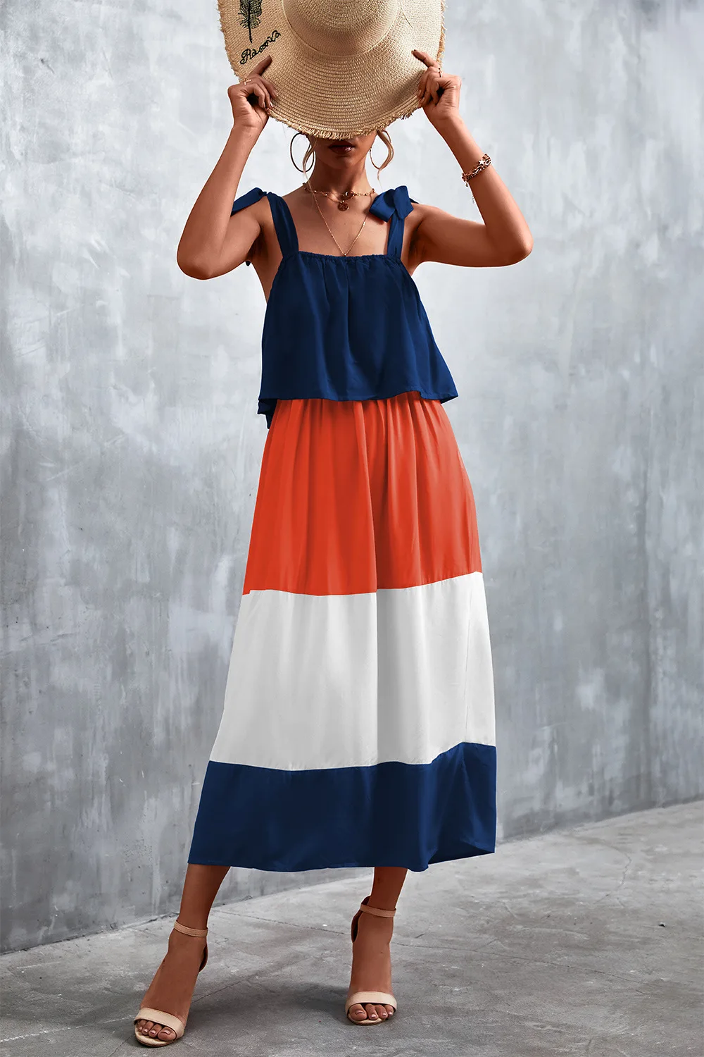 

Summer Dress for Women Sexy Backless Patchwork Color Sleeveless Ruffles Beach Holiday Spring Autumn Femme OL Party Robe C3707
