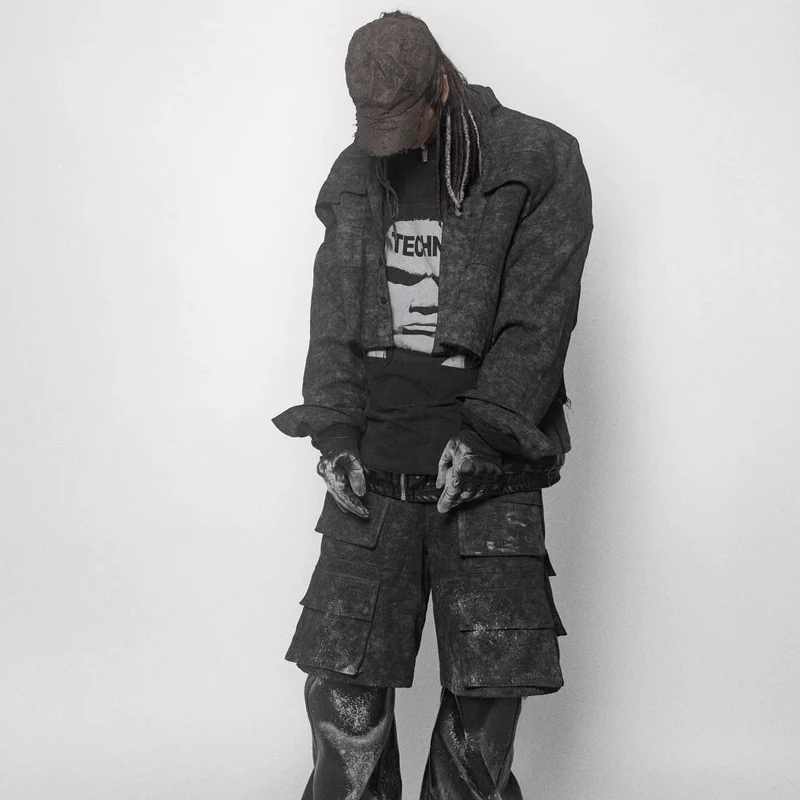 Arnodefrance Loose Shirt Hip Hop Punk Vintage Square Face Print Washed Do Old Illustrated Round Neck Casual T-shirt