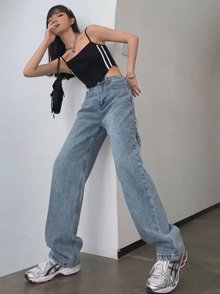 ADAgirl Ripped Jeans for Women Y2k Vintage Blue High Waist Patchwork Fashion Wide Leg Pants Streetwear Baggy Mujer Denim Bottoms