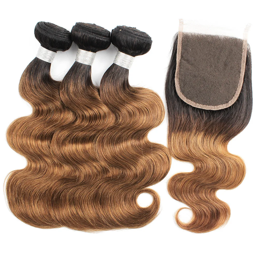 3 Bundles With 4*4 Lace Closure Body Wave Medium Auburn With Dark Roots Remy Brazilian Human Hair
