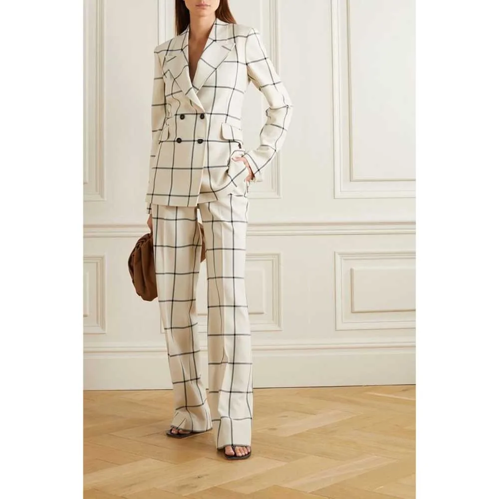Элегантные белые клетчатые женские костюмы двубортные комплекты из двух