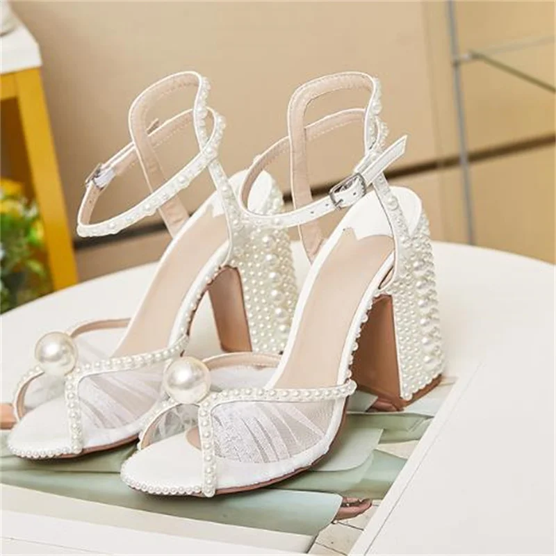 

Maxi Pearls Ladies' Shoes Mesh Churry High Heels Peep Toes Sandals String Beading Women's Buckle Female White Pumps Sandalias