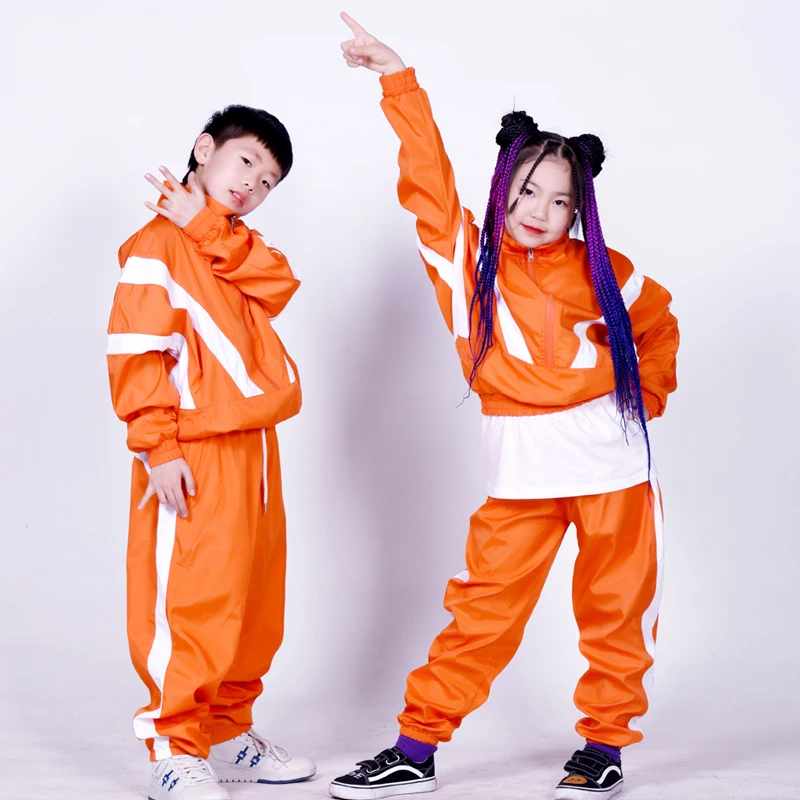 

New Kids Cool Hip Hop Street Dance Clothes Girls Boys Orange Jacket Pants Jazz Costumes Adults Group Stage Kpop Outfit XS5365