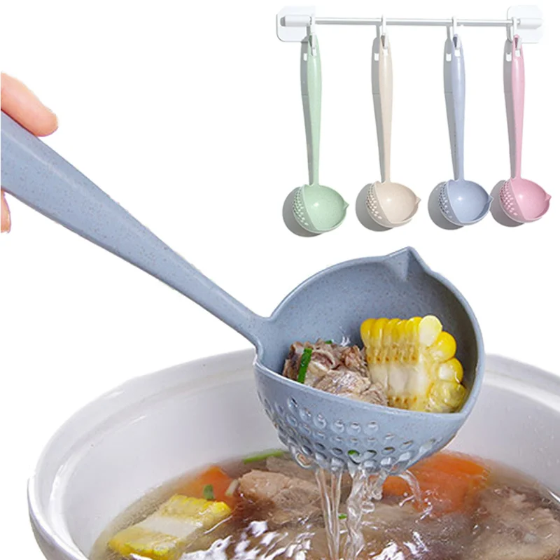 

Creative Wheat Straw Two-In-One Household Kitchen Spoon Long Handle Plastic Funnel Strainer Cutlery Hot Pot Spoon