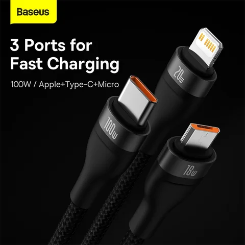 Baseus 3 в 1 USB-кабель типа C PD 100 Вт Кабель для быстрой зарядки и даты для iPhone 17 16 15 Pro Кабель Micro USB C для Macbook Xiaomi