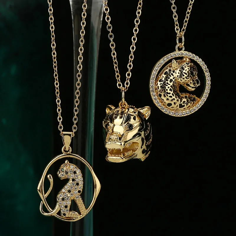 Full Zircon Leopard Charm Necklaces 18K Gold PlatedEnamel Bl