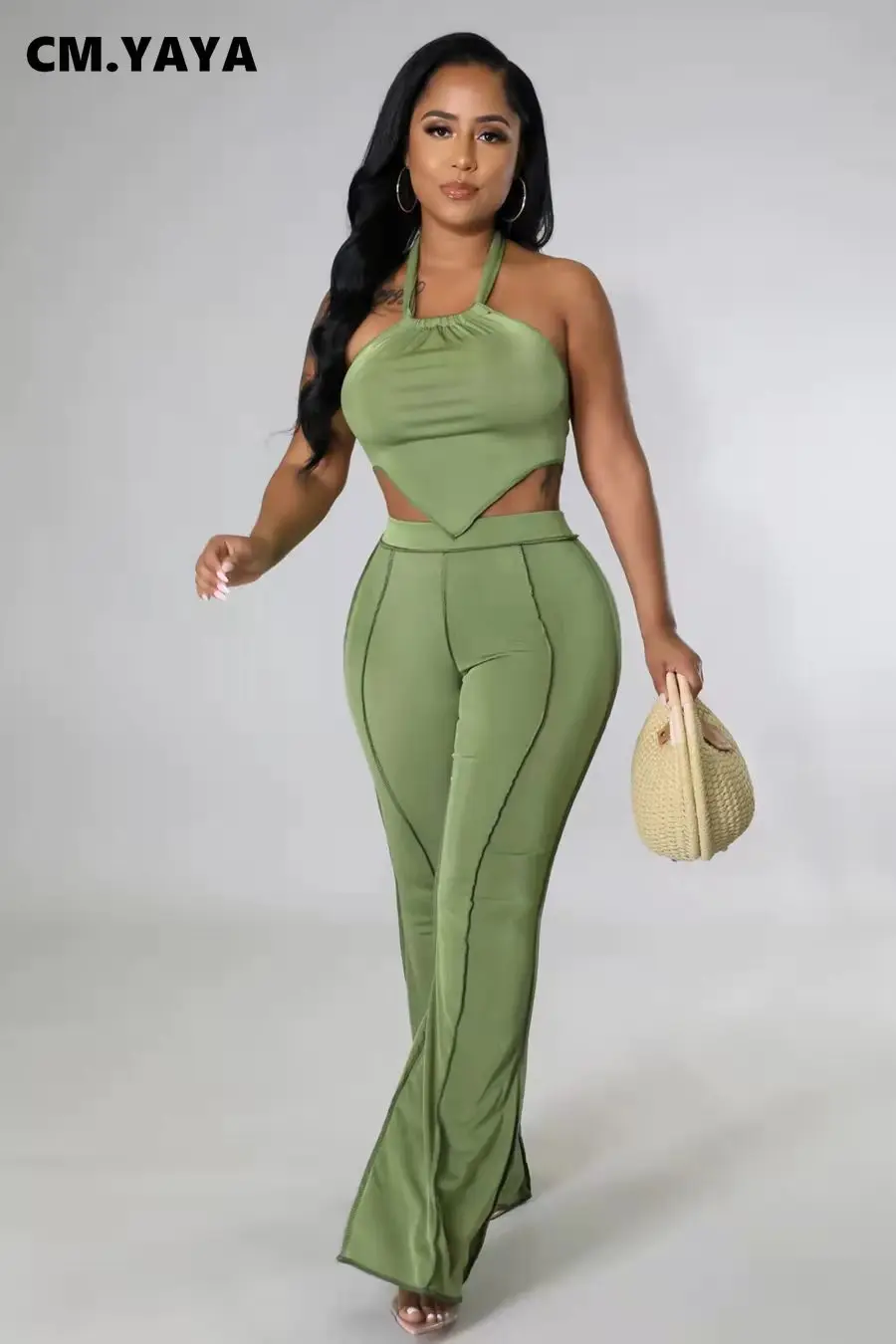 

Женский спортивный костюм из топа и прямых брюк CM.YAYA Active, летний комплект из двух предметов, топ с широкими штанинами, 2022