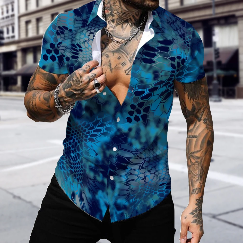 

Мужская летняя рубашка из полиэстера с коротким рукавом, Повседневная Гавайская пляжная Мужская футболка с принтом, футболка с отложным во...