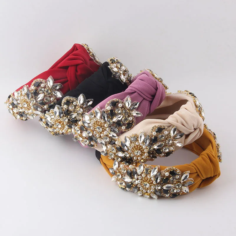

1PC Women Bohemian Ethnic Embroidered Rhinestone Hairbands Headband Hair Accessories Beautiful Ethnic Pattern Wide Turban