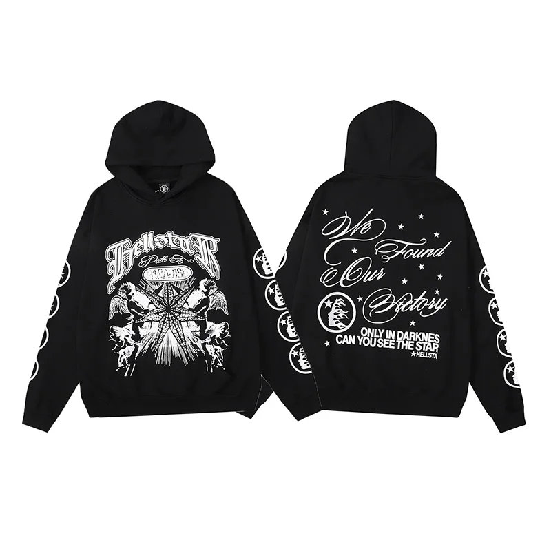 

Черные толстовки Hellstar 2023, мужские и женские повседневные теплые хлопковые пуловеры лучшего качества с белым принтом, свитшоты