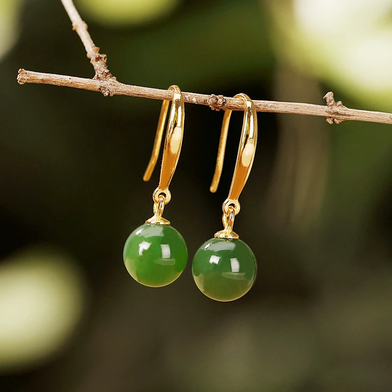

Earrings For Women 925 Sterling Silver Jade Jewelry Gilded Jasper Retro Round Bead Ear Hooks Wedding Gem Dold Small Ear Studs