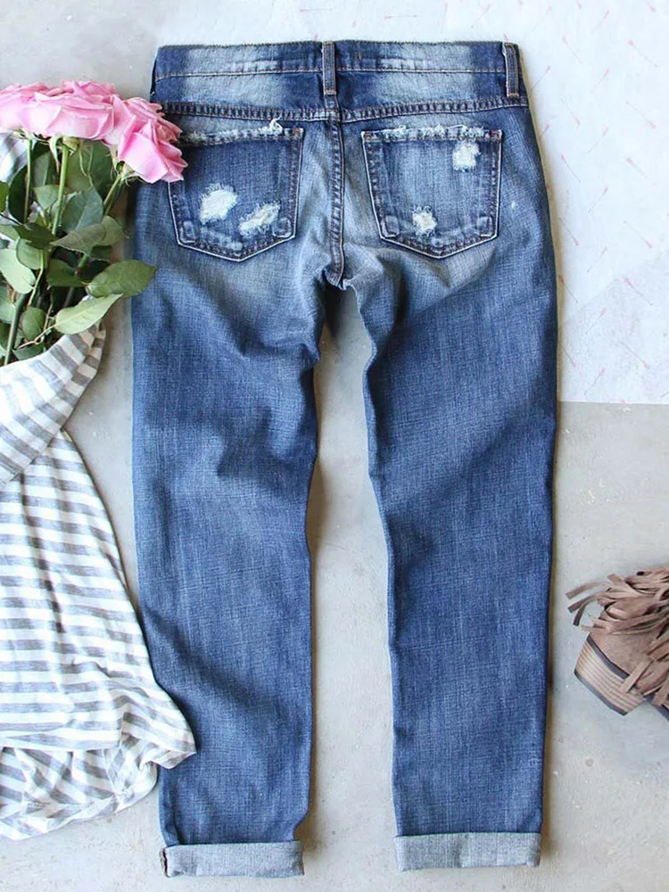 Women's Buffalo Plaid Jeans Patch Ripped Boyfriend Denim Distressed Stretch Skinny Denim Jeans with Hole Trousers Streetwear